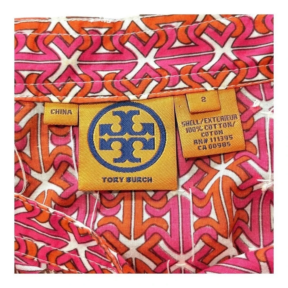 Tory Burch Stephanie Tunic Blouse Womens 2 Pink Orange Sequin Geometric‎ Cotton